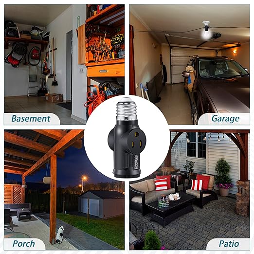 Feekoon 2 Pcs Light Socket to Plug Adapter, Convert E26 Light Socket to 3 Prong Outlet Adapter, Screw in Outlet for Lamp Sockets for Garage Porch (Black)