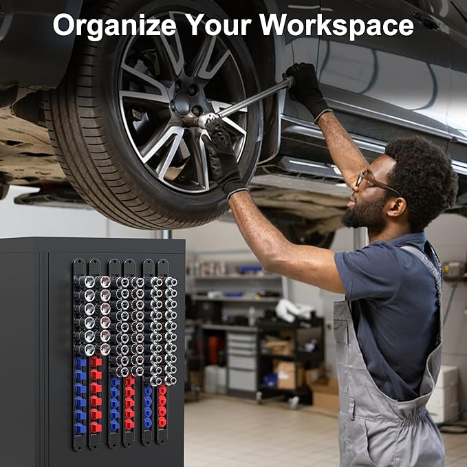 FIVEPEARS 6PCS 360째 Socket Organizer Twist Lock,3/8 1/4 1/2 Socket Storage Rails, Premium Quality Socket Holders for Tool Box 竊똖ool Carts竊똂ontains up to 80 Clips (Blue & Red)