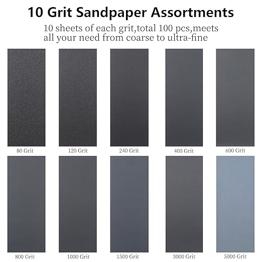 Sandpaper Sheets 100-Pack,80 to 5000 Grit,Wet Dry Sandpaper for Wood,Metal,Automotive & Paint Sanding Polishing,9x3.6 Inch Sand Paper Kit(Assorted Grits)