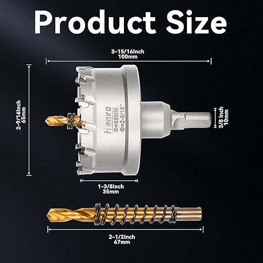Hole Saw 2-9/16" (65mm) Heavy Duty Carbide with 2 Pilot Drill Bits - Metal Hole Cutter Cuts Stainless Steel, Iron, Copper, Brass, Plastic