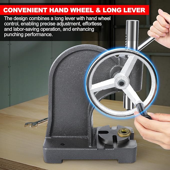 hightall 1 Ton Arbor Press,Handwheel & Long Lever Operation | Cast-Iron Frame, Stainless Steel Ram | 3 Drifts (Flat/Pointed/Round), 5.5" Max Height, Table-Mountable for Metal Stamping, Leathercraft