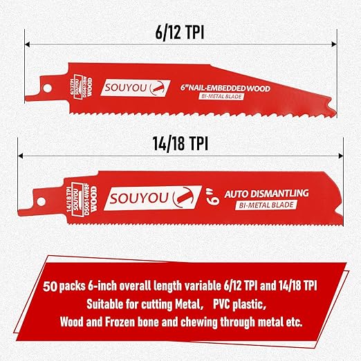 50 Pack 6 Inch 14/18 TPI Bi-Metal Reciprocating Saw Blade Carbide Alloy Steel for Metal Steel Wood Cutting, Non-Stick Coated for Less Heat and Friction, for 1/16-5/16 Medium Metals