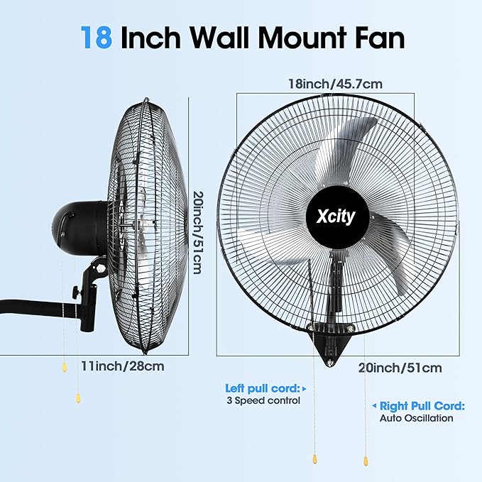 Xcity 18 Inch Metal Wall Mounted Fan, Max 4200 CFM High Velocity Industrial Wall Fan with 3 Speeds for Commercial, Greenhouse, Garage, Workshop, Residential