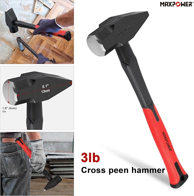 MAXPOWER 5-Piece Hammer Set - 3LB Sledge & Cross Peen, 500g Chipping, 32oz Ball Peen & 24oz Rubber Mallet