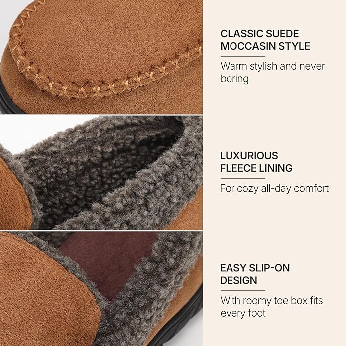 ATHMILE Men's Moccasin House Slippers, Memory Foam Arch Support, Plush Fuzzy Lining, Non-Slip Rubber Sole for Indoor/Outdoor Winter Comfort
