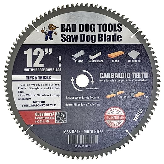 Bad Dog Tools Saw Dog 12 inch Circular Blade. 100-Tooth Carbide Tipped Finish Blade for Wood & Multiple Materials. Use with Circular, Miter or Table Saws