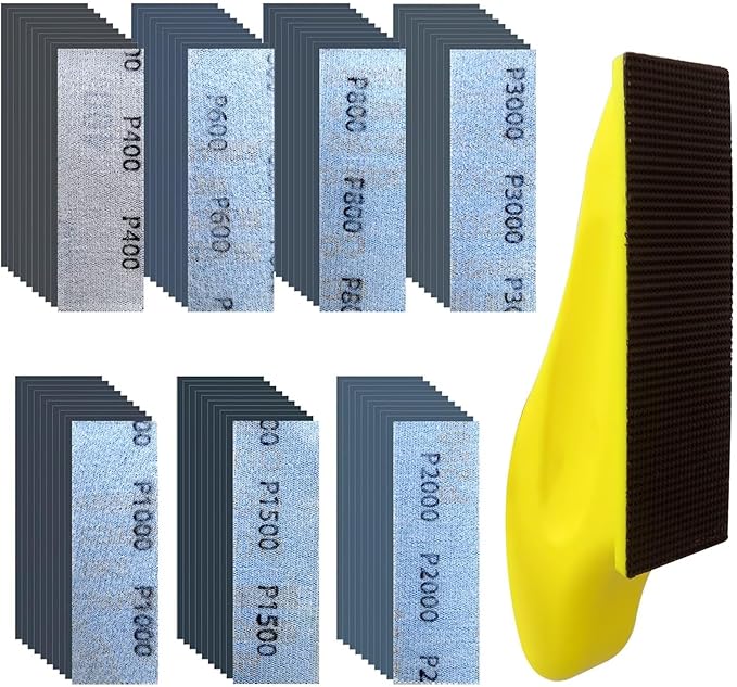 Micro Detail Sander Paper Kit WITH 70xWet Dry Sandpaper-Grit 400 600 800 1000 1500 2000 3000,3.5?쓝 1?쒱and Sanding Block with Hook and Loop Sanding Strips for Wood Metal Glass Surface
