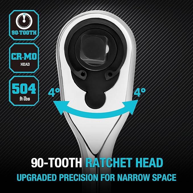 DURATECH Extra Long Handle 1/2-Inch Drive Ratchet, 90-Tooth Ratchet Wrench with 15" Handle and Dust Proof Teardrop Enclosed Head, Reversible, CR-V Steel Made, CR-MO Head, Full Polished, Gifts for Men