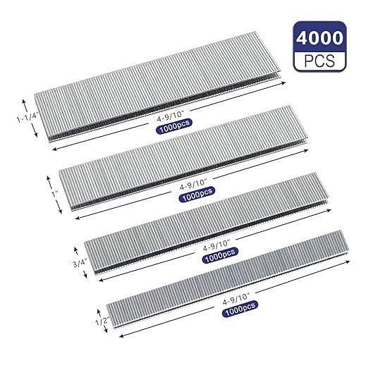 HW HAMWOO 18 Gauge 1/4" Narrow Crown Staples (1/2",3/4",1",1-1/4"),18GA Nail Gun Nails Assorted, Suitable for Most Brand of 18 Gauge Pneumatic and Electric Stapler Nailer (4000-Pack)