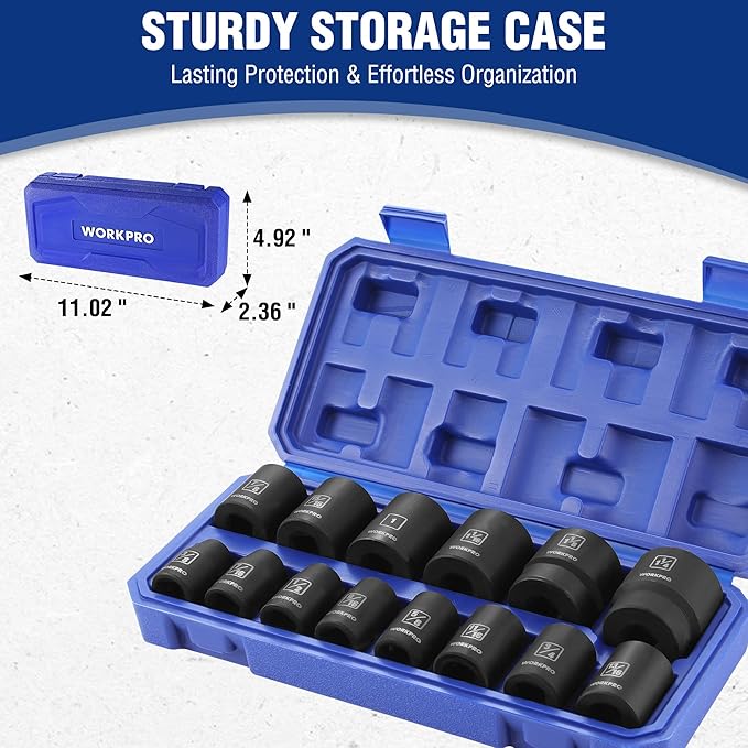 WORKPRO 1/2??Drive Shallow Impact Socket Set, SAE Cr-V Steel 6-Point Socket Set with Storage Case for Automotive Maintenance and Repairs (14PCS 3/8??1-1/4")