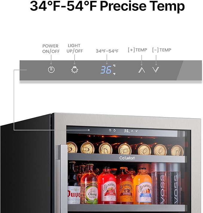 Ca'Lefort 24 Inch Beverage Refrigerator - 180 Can Beverage Fridge with 34째-54째F, Built in or Freestanding Beverage Cooler with Glass Door and 3 LED, Drink Fridge for Home/Kitchen(5.65 cu.ft)