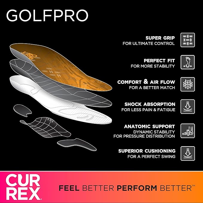 CURREX GolfPro Insoles for Golf Shoes ??Arch Support Inserts to Improve Balance, Stability, Comfort & Performance, Help with Foot & Heel Pain Relief ??for Men & Women ??High Arch, Large