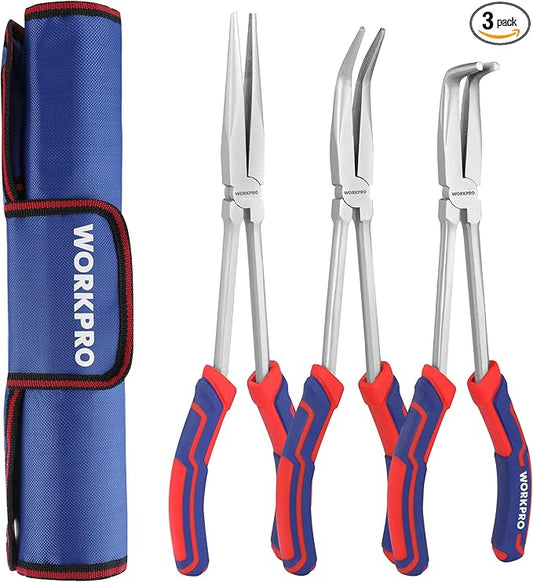 WORKPRO 3PC Long Reach Pliers Set, 11 Inch Extra Long Needle Nose Plier Set Includes Straight, 90째 & 45째 Bent Nose Plier, Pliers Tool Set for Narrow Spaces