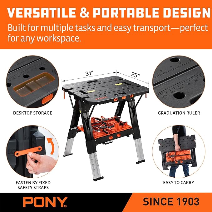 Pony Portable Folding Work Table, 2-in-1 as Sawhorse & Workbench, 31??W횞25??D횞25??35?쒱, Large Load Capacity with 4pcs Clamps, 4pcs Bench Dogs