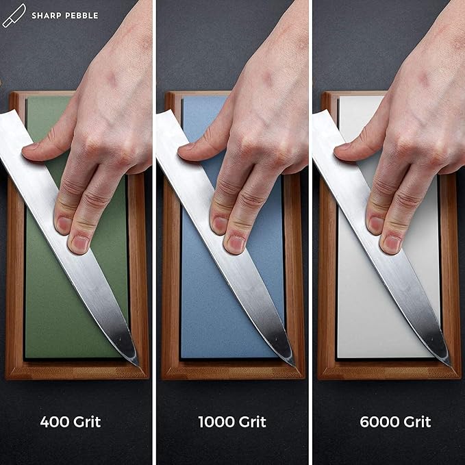 Sharp Pebble Extra Large Sharpening Stone Set - Whetstone Knife Sharpener Set - Grits 400/1000/6000 Waterstone, Flattening Stone & Angle Guide