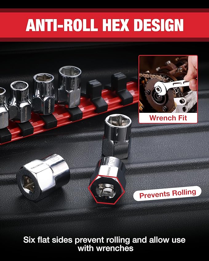 WORKPRO 3/8" Drive Socket Set, 10-Piece SAE CR-V Socket Set with Sturdy Socket Organizer, 6-Point Standard & Shallow Sockets 1/4" to 11/16", External Hex Socket Set with Socket Rail for Anti Rolling