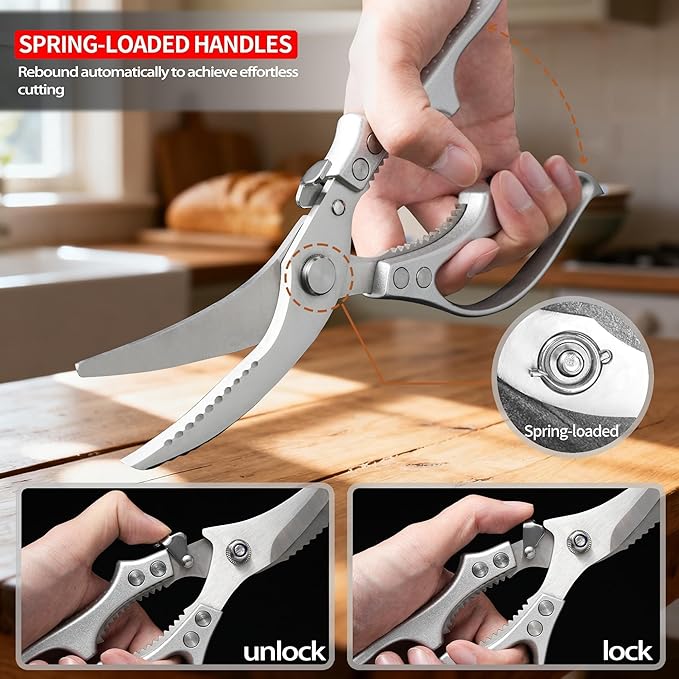 Heavy Duty Kitchen Scissors - All Purpose Poultry Shears with Anti-Slip Handle & Safety Lock, Stainless Steel Food Scissors for Chicken, Meat, Bones, Vegetables.Dishwasher Safe & Spring Loaded