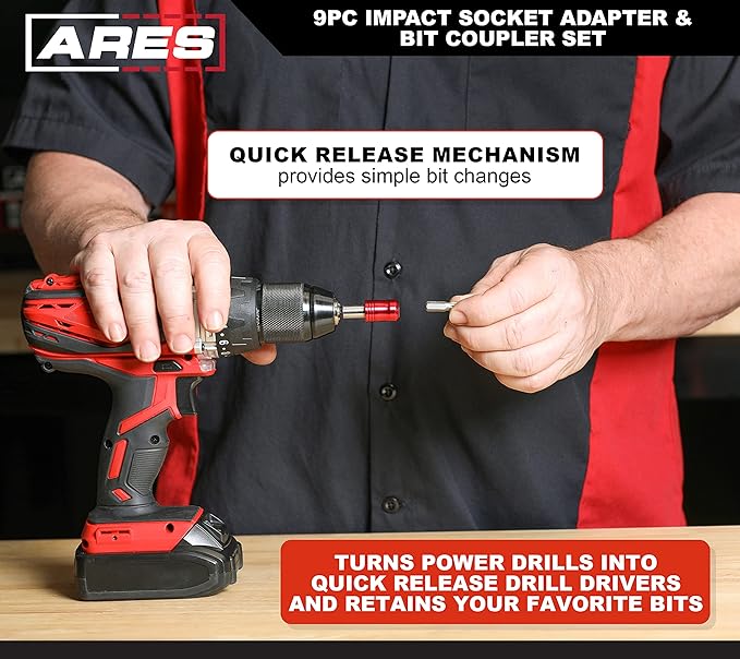 ARES 22034 ??9-Piece Impact Grade Socket Adapter and Bit Coupler Set - Turns Impact Drill Driver into High Speed Socket Driver - 1/4-Inch, 3/8-Inch, and 1/2-Inch Drive ??Quick Release Bit Coupler