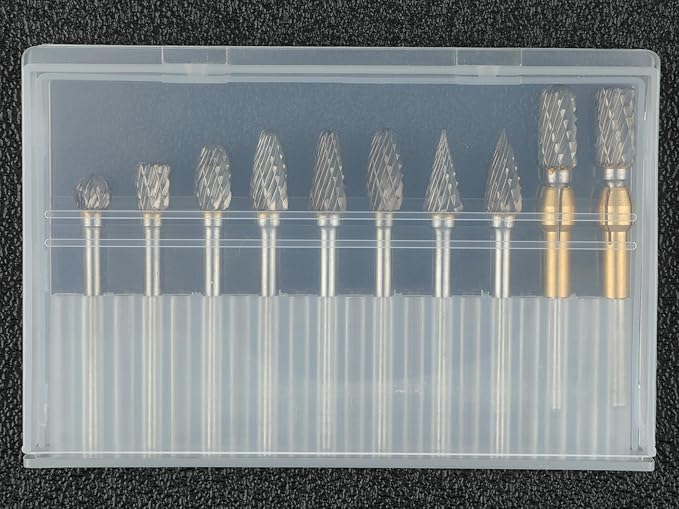10 Pcs Carbide Burr Set 1/8" Shank w/ 2 Collets Compatible with Dremel Bits Rotary Tools Attachment Kit Rasp Drill File Accessories Metal Wood Stone Steel Grinding Carving Cutting Polishing