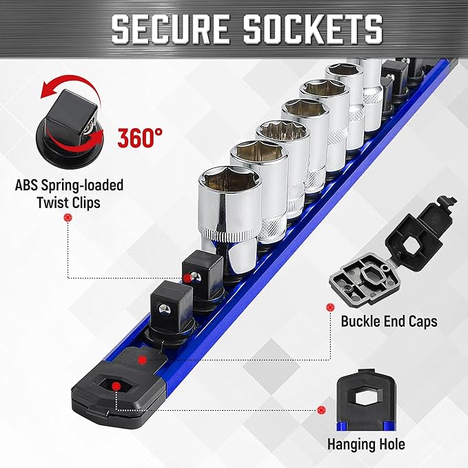 ALOANES 1/4-Inch Drive Magnetic Socket Organizer, Heavy Duty Aluminum Socket Rail Organizer, 360째 Swivel Clips Socket Rail Set For Sockets Storage, 1/4-Inch Socket Holder x 14 Clips (Blue)