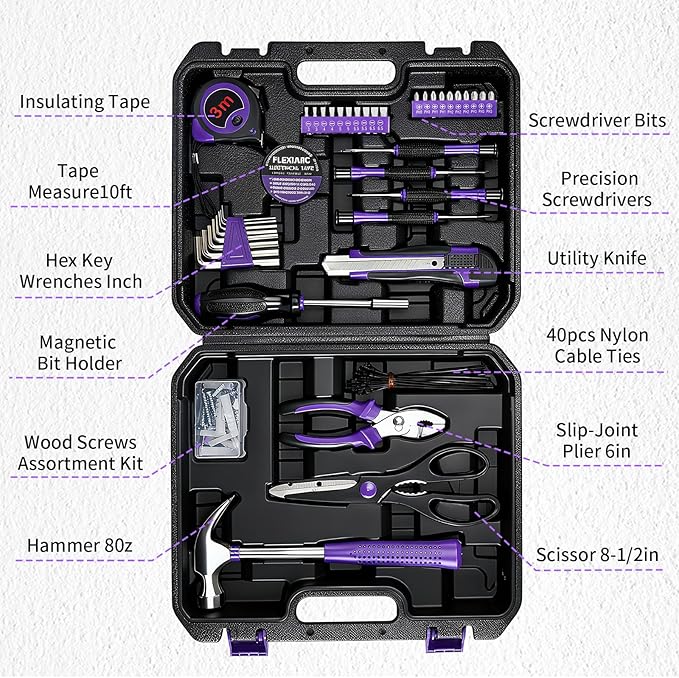 FlexiArc General Household Tool Set - Purple Hand Tool Kit with Waist Pouch & Gloves, Tool Kit for Women Everyday Home Repairs, DIY and Crafts, 112 pcs