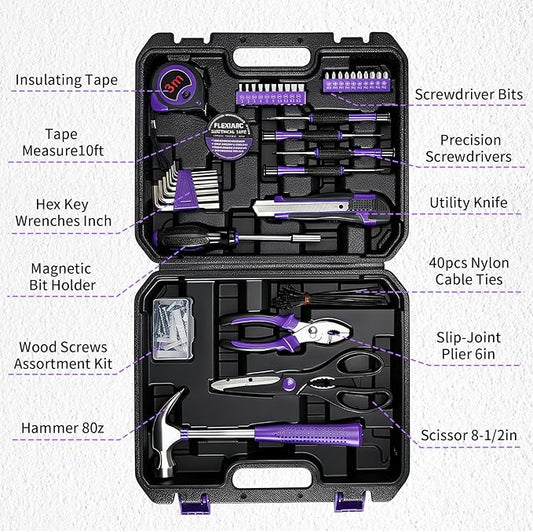 FlexiArc General Household Tool Set - Purple Hand Tool Kit with Waist Pouch & Gloves, Tool Kit for Women Everyday Home Repairs, DIY and Crafts, 112 pcs
