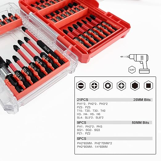 35 Pcs Screwdriver Bits Set, Hex S2 1/4 Impact Driver Bit Set, Anti-Tamper Security Torx Bit Set for Power Screwdrivers and Electric Drill Drivers, Allen Wrench Drill Bit Set with Case