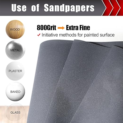800 Grit Sandpaper, Wet Dry Sandpaper for Wood Metal Hand Sander Sand Paper Sandpaper Sheets Sandpaper Set Cut for Use 9" x 11"/12 Sheets