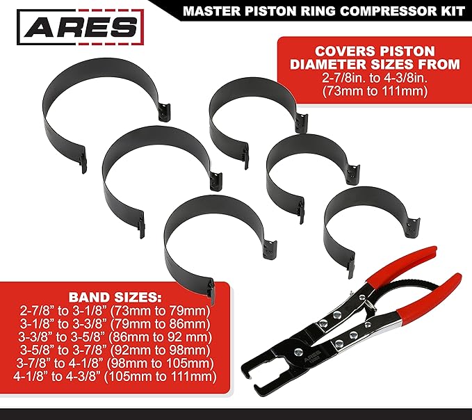 ARES Master Piston Ring Compressor Kit and 32oz Slim Line Deadblow Hammer ??Heavy Duty Stamped Steel Construction for Strong and Secure Band Compression ??Heavy Head Delivers Powerful Striking Force