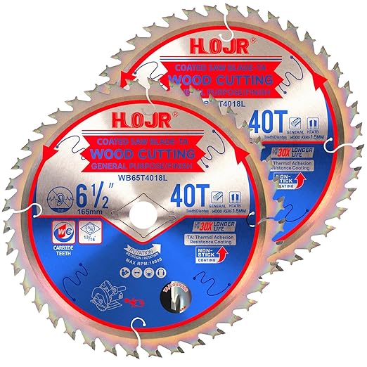 2-Pack 6-1/2" 40-Tooth 5/8" Arbor Woodworking Circular Saw Blade, Finish/General Purpose, Special Anti-Thermal Adhesion Coating on Cutting Edge- TA,High Finish, Long Life,6-1/2" 40T 5/8"
