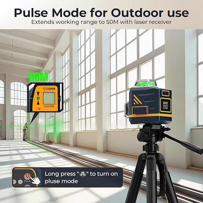 CIGMAN Laser Level Self Leveling 3x360째 3D Green Cross Line for Construction and Picture Hanging, Rechargeable battery, Remote Controller, Magnetic Rotating Stand Included