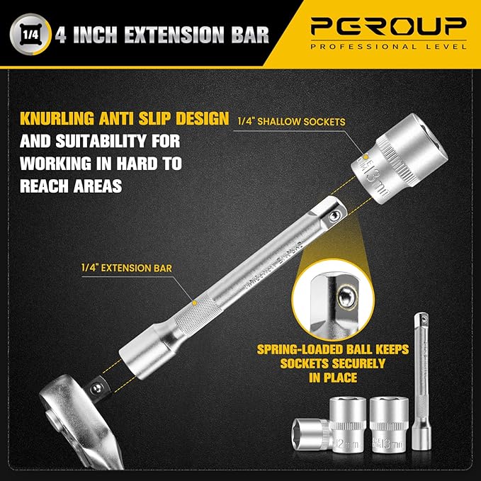 12PCS 1/4" Drive Metric Socket Wrench Set, 90-Tooth Reversible Ratchet Handle竊? Point Shallow Sockets (4-13mm) and Extension Bar 4", CR-V Steel, Tool Set For Car,Motorcycle,Bike Repair