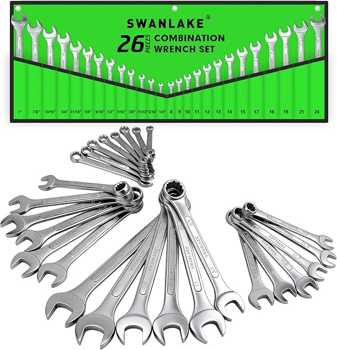 SWANLAKE GARDEN TOOLS 26-Piece Combination Wrench Set with Roll-up Pouch, SAE 1/4??- 1?? Metric 8mm - 24mm, Perfect for General Household, Garage, Auto Repairs and Travel Emergency