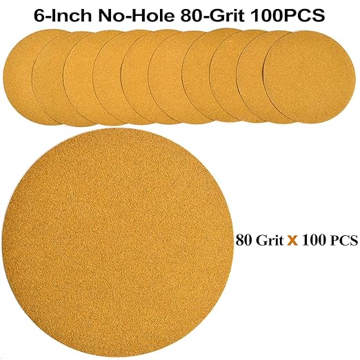 6-Inch No-Hole Hook and Loop Sanding Discs 80-Grit, Random Orbital Sandpaper for Automotive and Woodworking, 100-Pack