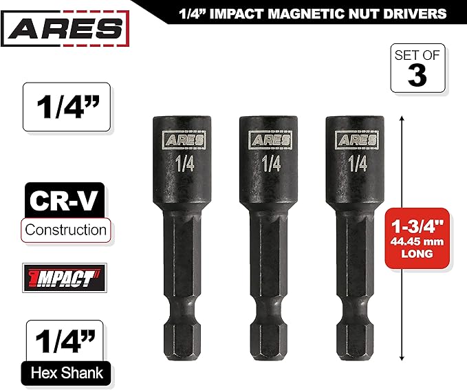 ARES 27012-3-Piece 1/4-Inch Magnetic Impact Nut Driver Bit Set - Stubby 1 3/4-Inch Length - Impact Grade Nut Setters with Industrial Strength Magnets