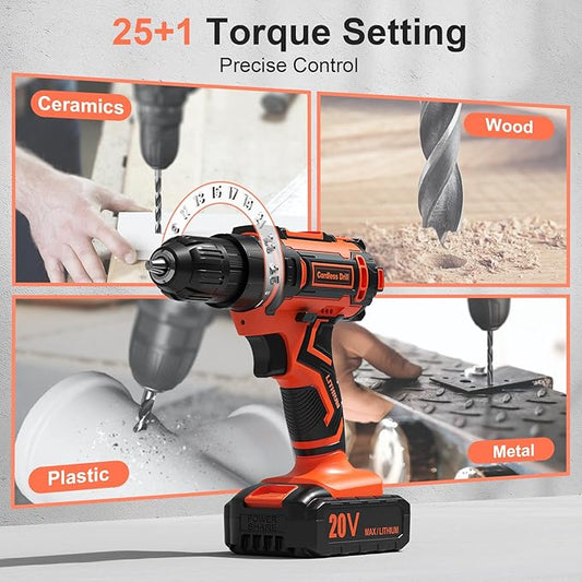 Cordless Drill Set, VIWKO 20V Power Drill with Power Pack 2.0Ah and Charger, 3/8-Inch Keyless Chuck Electric drill, 25+1 Position, 42pcs Drilldriver Bits/Screws for DIY Projects (Orange)