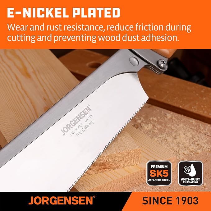 JORGENSEN Japanese Pull Saw, 9.5 Inch Pro Folding Dovetail Saw with Beech Wood Long handle, SK5 Steel Blade Tool-less Quick Change, 21TPI Cross Cut Woodworking Handsaw for Hardwood, Softwood