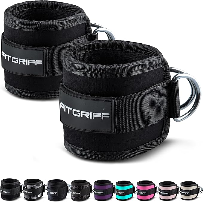 Fitgriff짰 Ankle Straps V1 for Cable Machine (2 Pieces) - Gym Workout Equipment - Leg Pulley Attachment, Kickback Straps