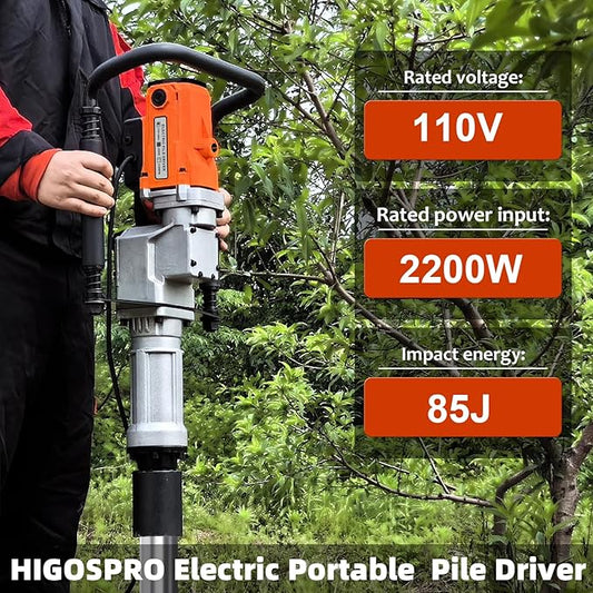 2200W Electric T Post Driver ??110V Handheld Pile Driver Hammer for Fence Post, Farm, Construction Site with 55mm, 70mm pile sleeve, Ideal for Metal Fencing, Landscaping, and DIY Projects