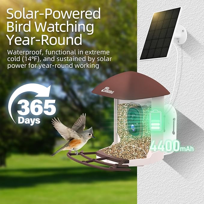 Upgraded Smart Bird Feeder with 2.5K HD Camera, Birdwatching Camera with AI Identify Birds for Outdoors, Squirrel Proof, Auto Video Capture & Instant Notifications, Brown