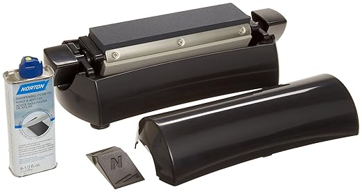 Norton IM200S Knife Sharpener, Oil Stone Sharpening Stone Kit with Medium/Extra Fine Grit, Stone Sharpener Holder and Knife Angle Guide