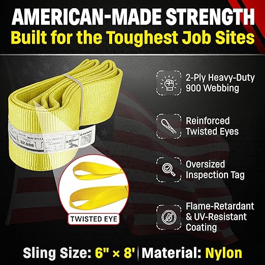 DD Sling 6 Inch x 8 Foot Nylon Lifting Sling – USA Made, 16,300 lb Vertical, 13,000 lb Choker, 32,600 lb Basket – 2-Ply Heavy Duty 900 Webbing, Type 4 Twisted Eye & Eye Rigging Sling