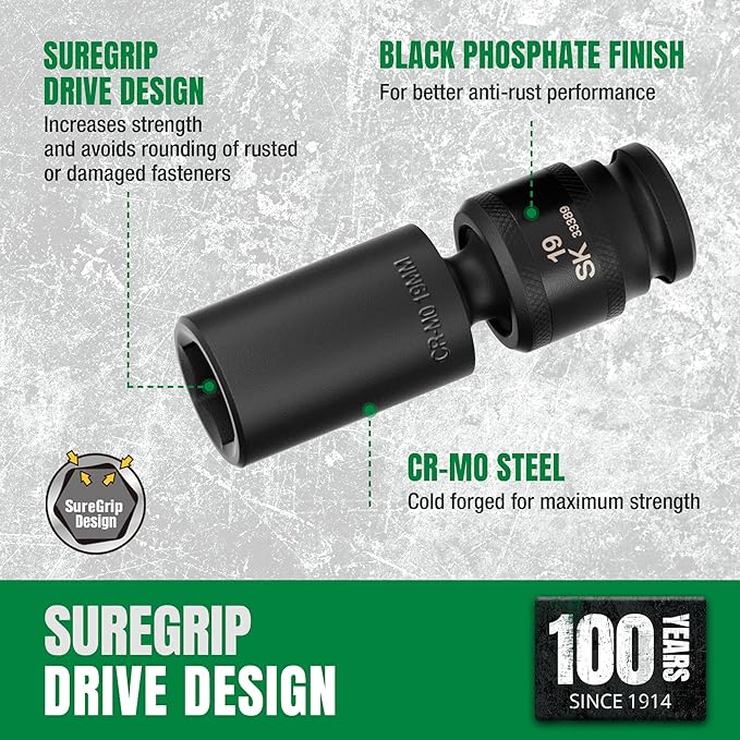 SK 3/8" Drive Universal Impact Socket Set, Deep Swivel Impact sockets, Metric, 10-Piece, 10-19 mm, Premium CR-MO Steel, SureGrip 6 Point Design, With Storage Rail