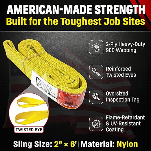 DD Sling (USA Made). 2" wide X (4' to 20' lengths) in Listing! 2 Ply Twisted Eye, Nylon Lifting Slings, Eye & Eye, Heavy Duty (900 webbing), 5.100 Choker, 12.800 Basket Load Capacity (2inX6ft)