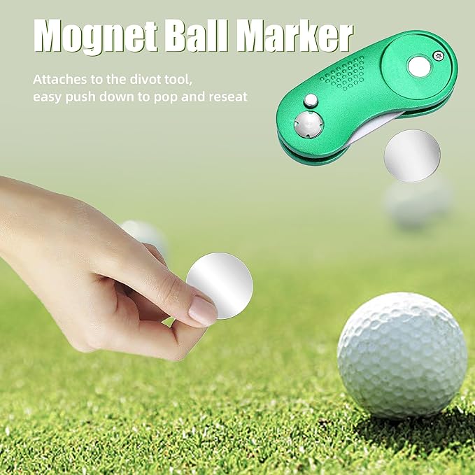 Mile High Life Golf Divot Repair Tool, All Metal Foldable Divot Tool with Pop-up Button & Magnetic Ball Marker
