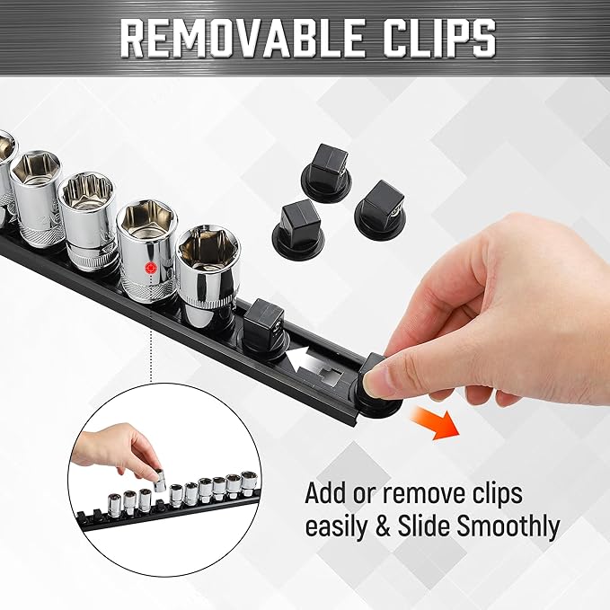 ALOANES 3-Piece Magnetic Socket Organizer, Heavy Duty Aluminum Socket Rails Organizer, 360째 Swivel Clips Socket Rail Set For Sockets Storage, 3/8-Inch Socket Holder x 42 Clips (Black)