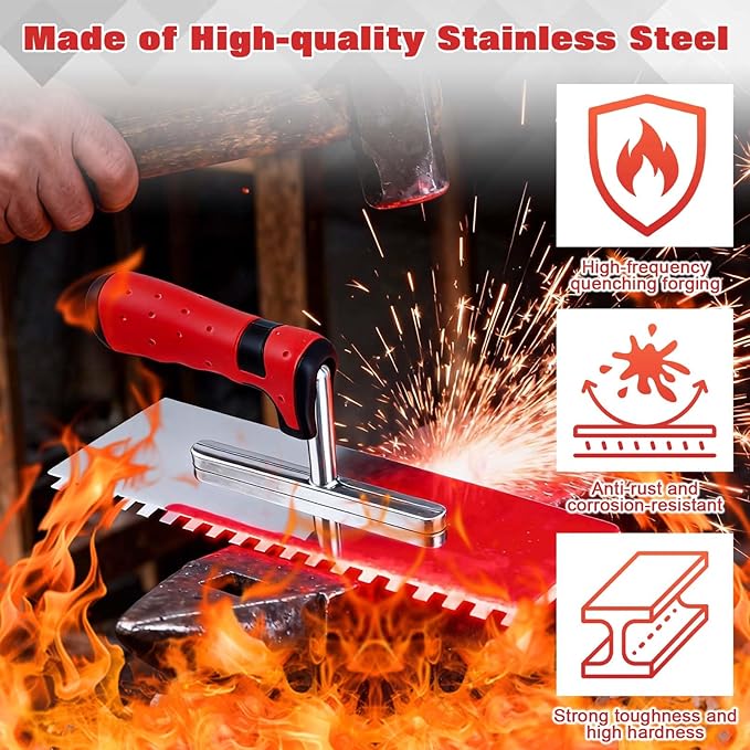 3 PCS Tile Tools Stainless Steel Square Notch Trowel Set (Notch Size: 5/32" & 5/16" & 1/2") Concrete Trowel Masonry Hand Tools Set for Cement, Concrete, Masonry Tile and Flooring Installation