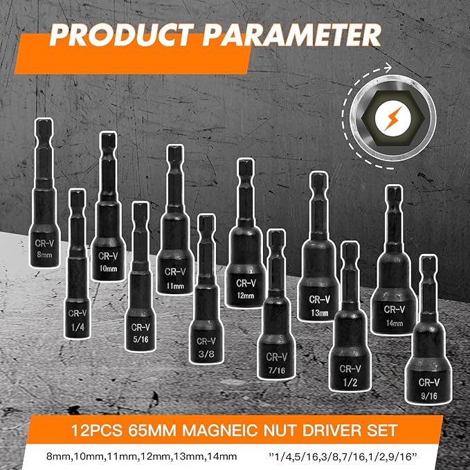 12-Piece Magnetic Nut Driver Set - Premium Impact Power Hex Nut Driver Drill Bit Master Kit, SAE & Metric, 1/4-Inch Quick-Change