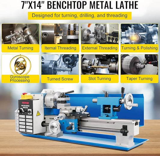 VEVOR Metal Lathe, Upgraded Digital Display 7"x14" Benchtop Metal Lathe 550W Variable Speed 2250RPM with 3-jaw Chuck CNC Mini Lathe Machine Precision Mini Lathe Tool Box for Metal Turning