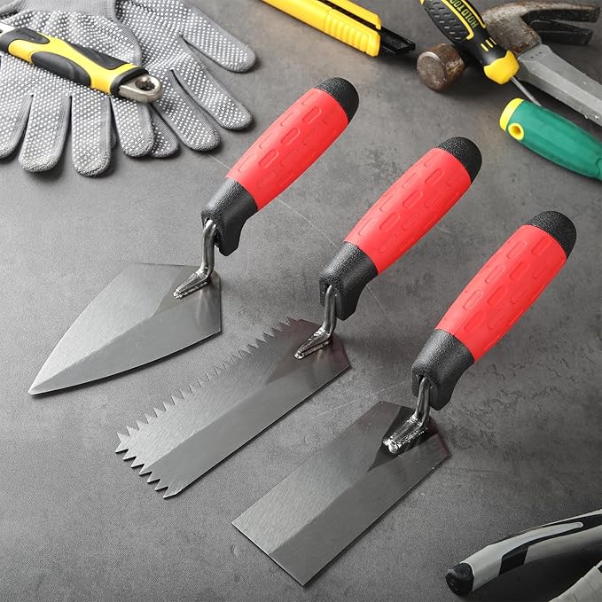 3 Pcs Masonry Tools Set High Carbon Steel 6'' V Notched Flooring Trowels, 5.5'' Pointing and 5'' Margin Trowel with Soft Handle Grip Bricklaying Hand Tool for Concrete Cement Plaster Tile Construction
